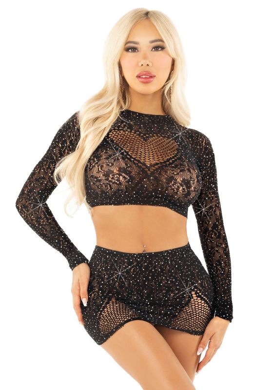 Блискучий комплект кроп-топ і спідниця Leg Avenue Rhinestone One Size, Black, довгий рукав