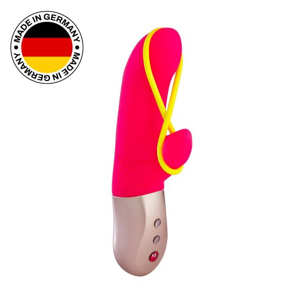 Мінівібратор-кролик зі стимулювальною стрічкою Fun Factory AMORINO pink/neon yellow, стрічка знімна