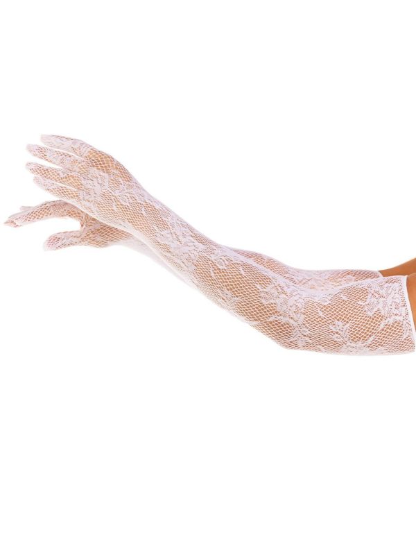 Рукавички Leg Avenue Lace Opera Length Gloves, One Size, білі, вище ліктя, сітка з квітковим візерунком