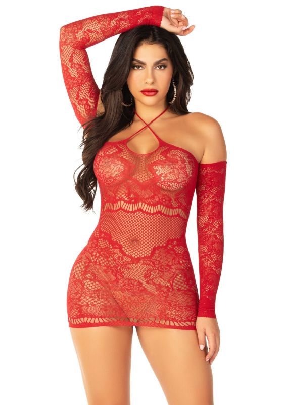 Мінісукня із сітки з мереживними акцентами Leg Avenue Seamless Off The Shoulder Mini Dress One Size, Red