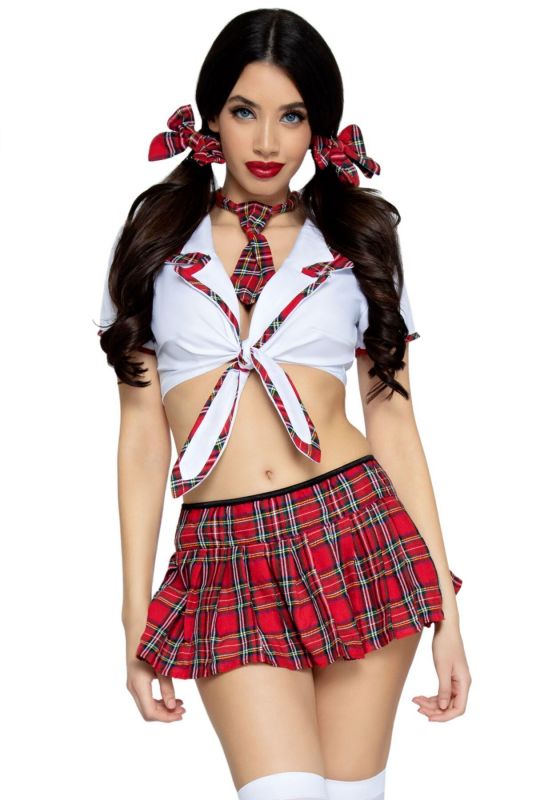 Костюм школярки Leg Avenue Miss Prep School XL, топ, спідниця, краватка, бантики