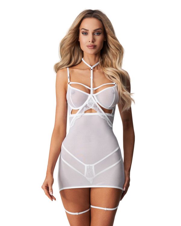 Бебі-дол Obsessive Arrowel White chemise S/M, з декоративним чокером та гартерами