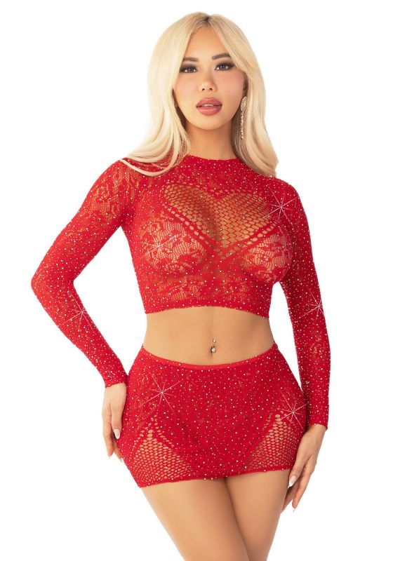 Блискучий комплект кроп-топ і спідниця Leg Avenue Rhinestone One Size, Red, довгий рукав