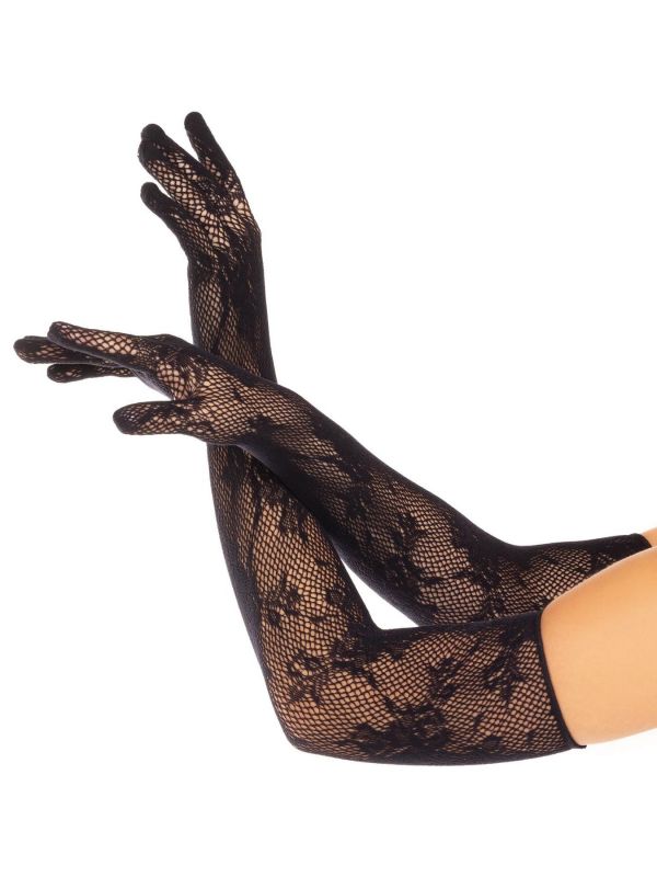 Рукавички Leg Avenue Lace Opera Length Gloves, One Size, чорні, вище ліктя, сітка з квітковим візерунком