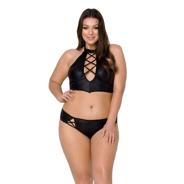 Комплект з екошкіри Passion NANCY BIKINI 4XL/5XL black, бра та трусики з імітацією шнурівки