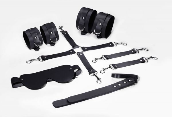 Набір Feral Feelings BDSM Kit 5 Black, наручники, поножі, хрестовина, маска, падл