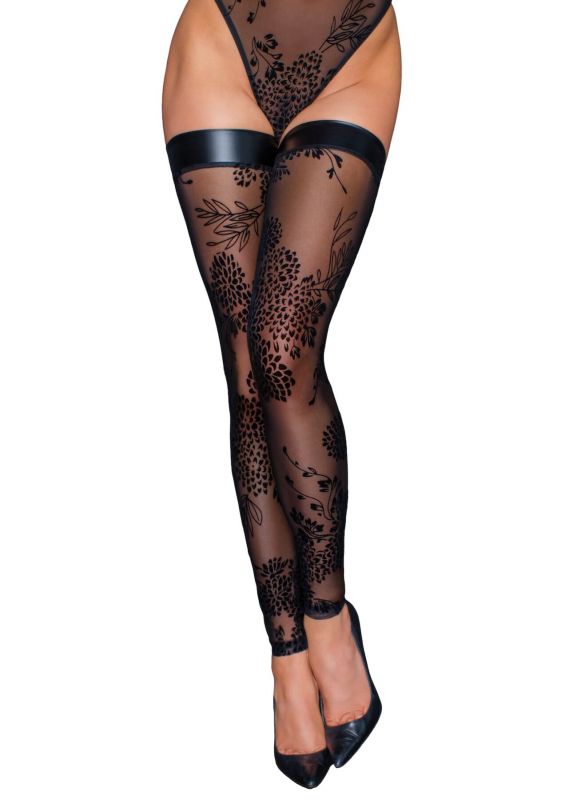 Панчохи без миска Noir Handmade F243 Tulle stockings with patterned flock embroidery, S