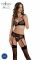 Комплект Passion LEAFA SET black S/M, мереживо+сітка, бюстгальтер на кісточках, стрінги, пояс для панчіх