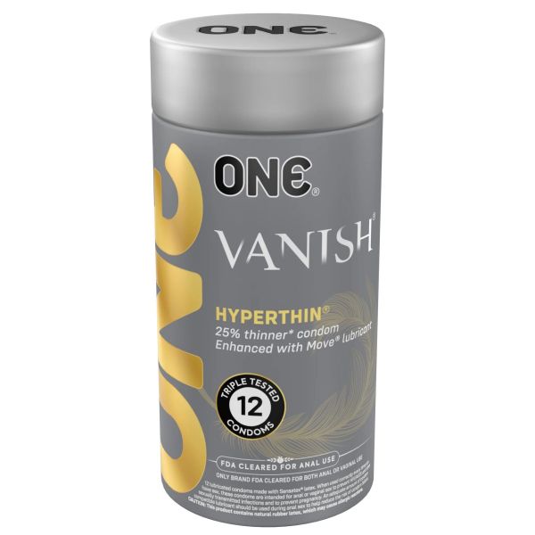 Презервативи ONE Vanish Hyperthin, 12 шт, ультратонкі, зі змазкою, подарункове паковання-тубус