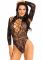 Боді Leg Avenue High neck lace bodysuit, One Size, чорне, довгий рукав, стрінги, квітковий малюнок