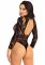 Боді Leg Avenue High neck lace bodysuit, One Size, чорне, довгий рукав, стрінги, квітковий малюнок