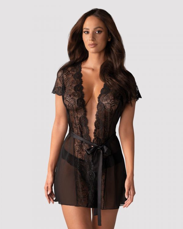Пеньюар Obsessive Alluria peignoir & thong, L/XL, прозорий, з мереживом, пояс, трусики в комплекті
