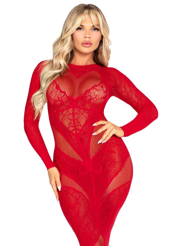 Сукня з довгим рукавом Leg Avenue Lace and Net Bodycon Gown One Size, Red