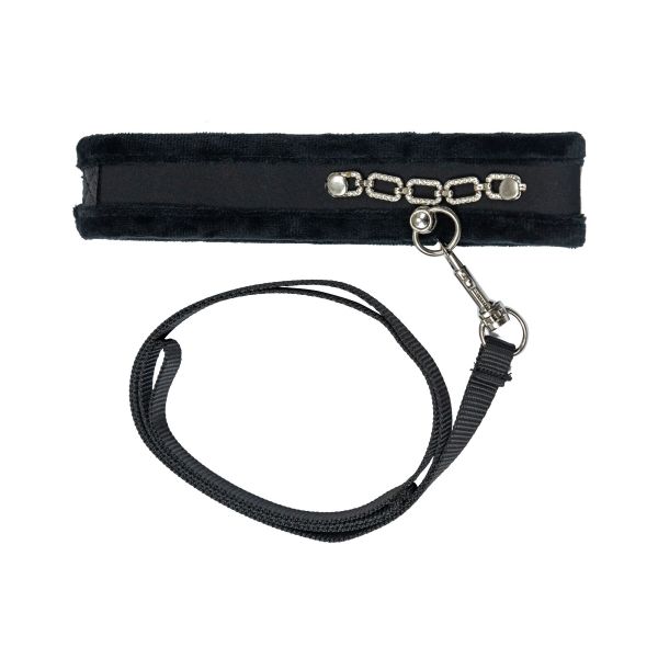 Нашийник із повідцем Punishment – Crystal Collar & Leash – Black, оздоблений кристалами, знімний повідець